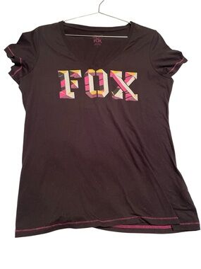 Fox Women's Charcoal V-Neck Tee with Pink & Yellow Graphic xl